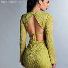 Soqi Women's Clothing   Vestido Entallado De Mujer Con Mangas Largas Y Descubierto Por Detrás - Mostaza Amarilla - Ver 1