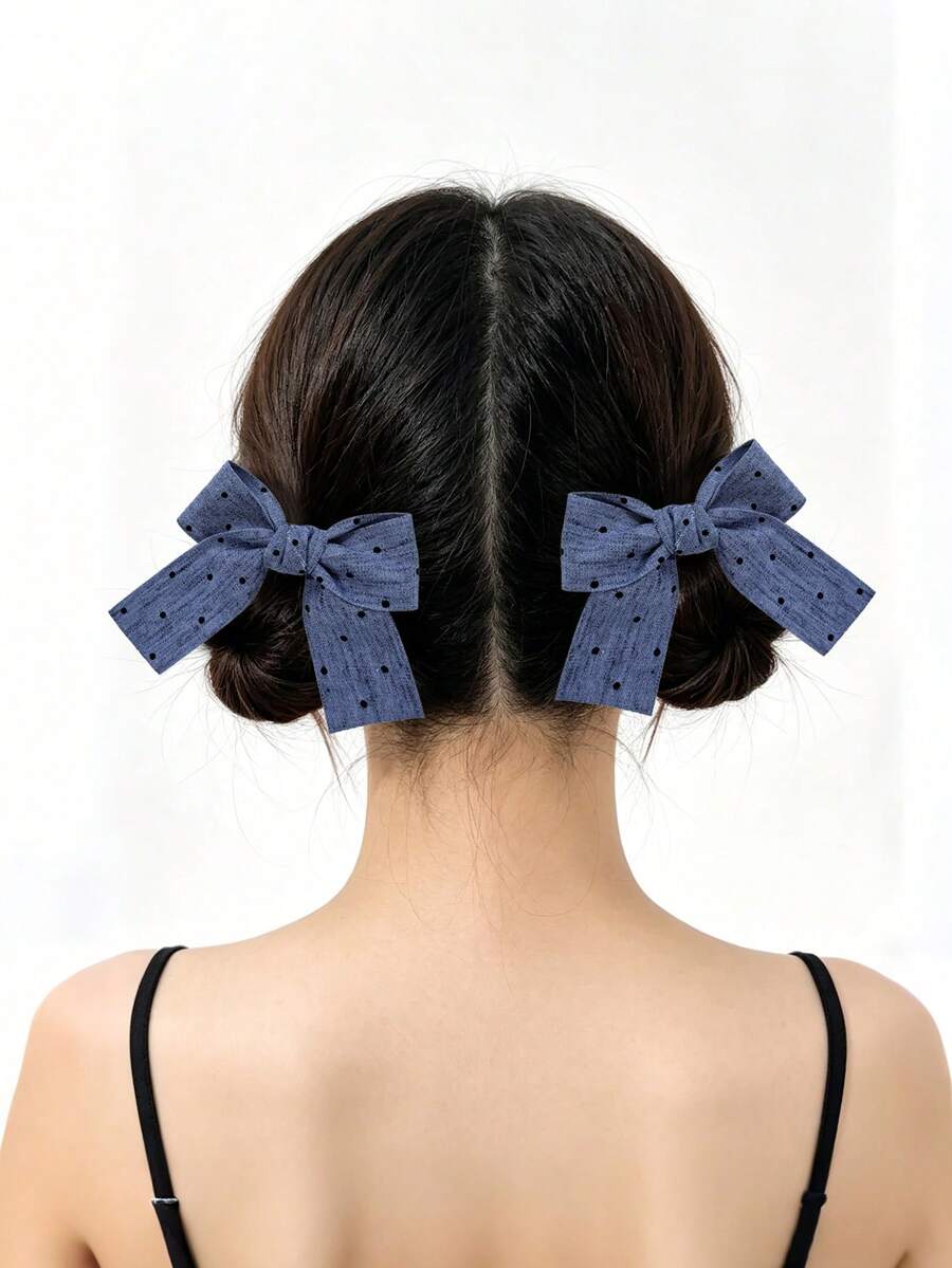 2pcs Women's Solid Color Denim Cute Bow Hair Clips, Suitable For Daily Wear,Hair Barrettes