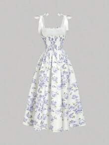 MOD Vestido largo con estampado floral y tirantes con lazo para mujer, ideal para primavera, graduación, vestidos modestos para mujer, vestidos para vacaciones de primavera - Rosa - Ver 10
