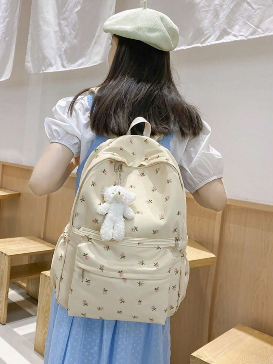 女款大容量旅行後背包,通勤筆電包,適合上學、時尚短途旅行商務後背包 - 米色 - 查看 1