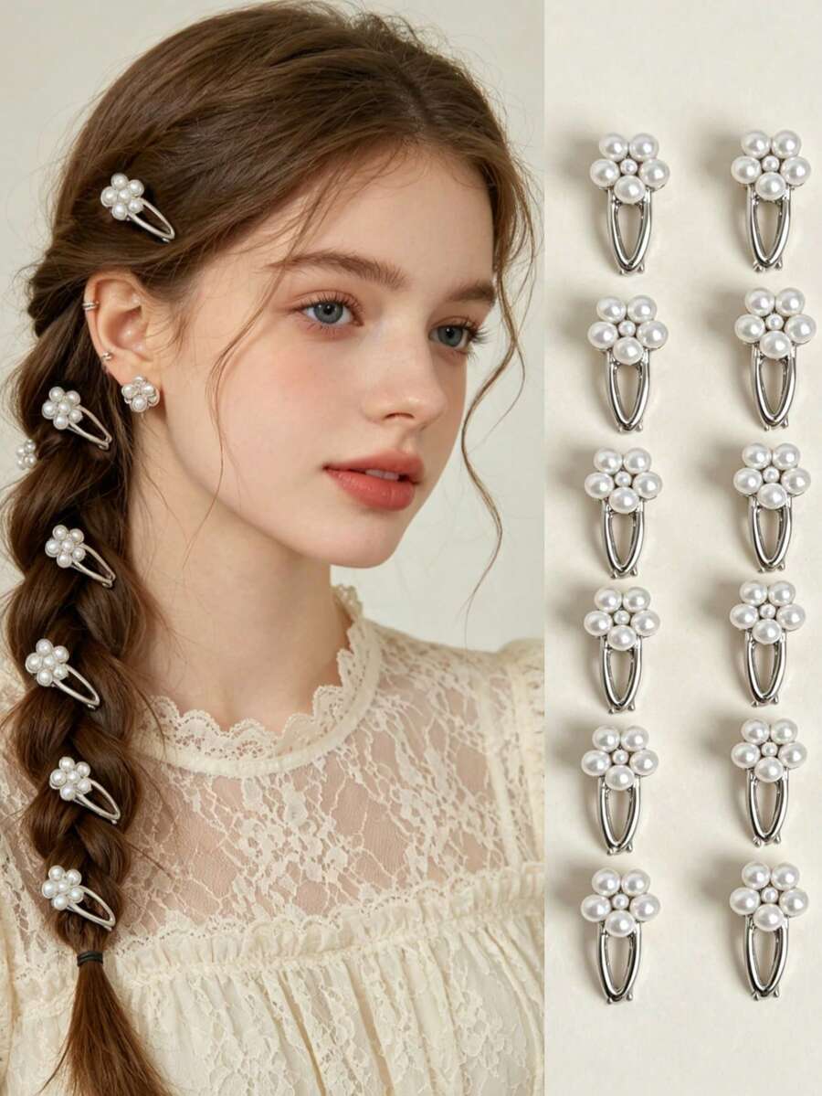 10pcs Girls' Minimalist Fresh Floral Crystal Hair Clips - White - View 1