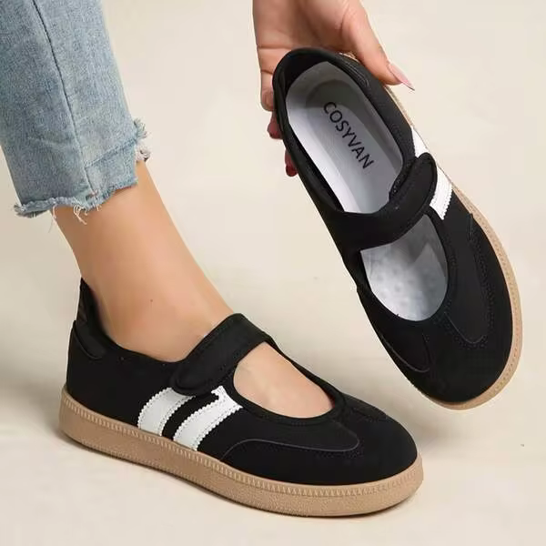 Three-Stripe Ballet-Style Mary Jane Shoes, Soft Leather, Rubber Sole, Slip-On Casual Sports Shoes For Women.