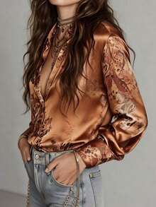 Blusa de satén con estampado de rosa naranja-turquesa clásico para mujer, diseño con cuello, elegante para el uso diario, salidas y talla grande - Naranja Quemada - Ver 2
