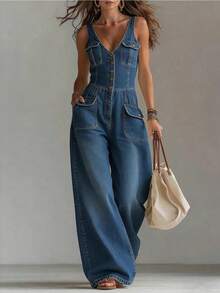 Women Fashion High Waist Jeans Heavy Industry Spliced Handmade Rhinestone Inlaid Design Straight Wide Leg Denim Pants - Biru tua - View 1