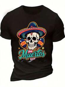 Men's Mexican Day Of The Dead T-Shirt - Soft And Breathable Cotton Crew Neck T-Shirt With Skull, Hat, And Maracas Design - Vibrant Day Of The Dead Graphic Tee For Halloween, Cinco De Mayo, Day Of The Dead Party Costume - Mexican Cultural Clothing Gift For Adults - Regular Fit Casual Short Sleeve With Festive Sugar Skull Design, Machine Washable, All-Season Comfort - 黑色 - 查看 1