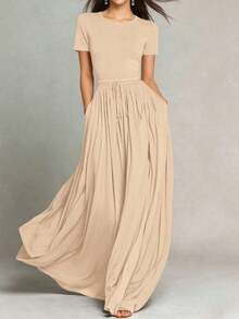 HUTENER Vestido largo con cintura anudada, vestido largo elegante y vintage, versátil y estilizador para el verano - Albaricoque - Ver 2
