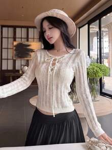 Áo len tay dài thiết kế ren khoét lỗ gợi cảm mới về mùa xuân/hè, kiểu dáng độc đáo. - Màu trắng sữa - Xem 3