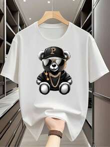 Men's Casual White T-Shirt With Bold Cartoon Bear Pattern | Soft And Breathable, Regular Fit With A Crew Neck, A Casual Summer Essential, Everyday Tee | Fun Printed T-Shirt | Soft Texture Shirt, Plus Size - 白色 - 查看 1