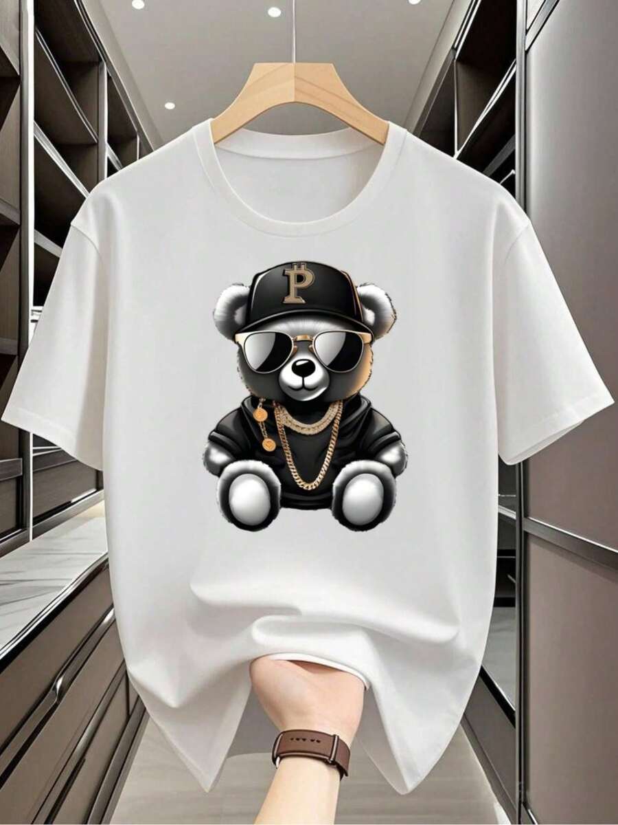 Men's Casual White T-Shirt With Bold Cartoon Bear Pattern | Soft And Breathable, Regular Fit With A Crew Neck, A Casual Summer Essential, Everyday Tee | Fun Printed T-Shirt | Soft Texture Shirt, Plus Size - 白色 - 查看 1