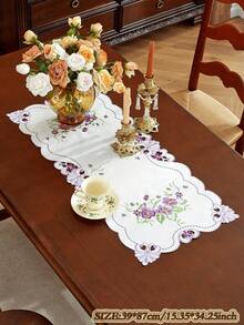 1pc Elegant Purple Flower Embroidered Table Runner, Placemat And Table Scarf, Scalloped Hollow-Out Cutwork Design, Vintage French Style. Perfect For Daily Home Use, Festivals And Wedding Table Decoration. - Purple - View 10