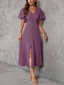Clasi Vestido de unicolor con botones al frente, manga mariposa y abertura al muslo de longitud hasta el muslo para mujer - Púrpura polvoriento - Ver 6