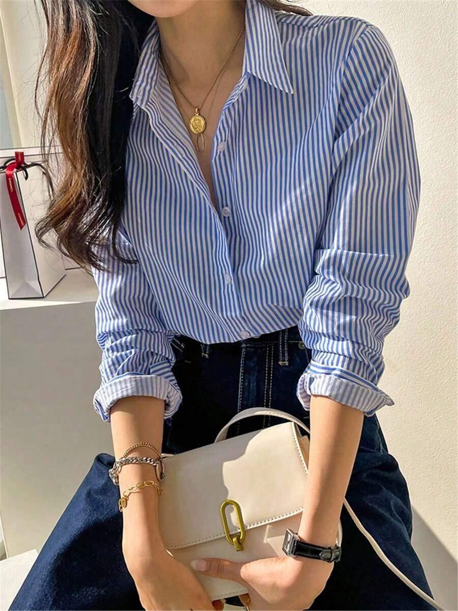 Elegant And Casual Long-Sleeved Blouse With Buttons And Stripes, Retro Style, For Women, Ideal For Spring/Summer, Holidays/Valentine's Day - 藍色 - 查看 1