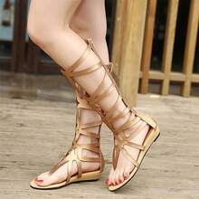 Womens Knee High Roman Gladiator Sandals Rivets Studded Strappy Zipper Thong Sandals - Gold-wedge - View 7