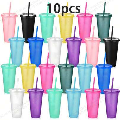 10pcs/5pcs/1pc Fashionable Glitter Plastic Straw Cup, Juice Cup With Lid And Straw, Large Capacity 24oz Iced Coffee Cup, Cute Cup Suitable For Travel, Summer Drinking Plastic Cup, Women's Water Bottle, Holiday Cup, Suitable For Smoothies, Juices, Cold Drinks, Birthday Party Supplies, Hand Wash Only, Very Suitable For Outdoor, Daily, World Cup And Other Holiday Parties