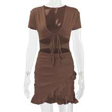 Vestido sexy escote profundo con calados y volantes, ajustado, bestseller femenino - Café - Ver 8