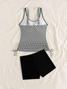 Swim Lushoire Conjunto de top y shorts de tela de rayas azules y blancas con cintura con cordón para playa y vacaciones, y top y shorts de tela lisa de talle alto, conjunto de bikini tankini de verano para mujer - Blanco y Negro - Ver 3