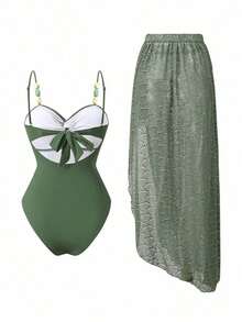 Swim Oasis Conjunto de traje de baño elegante y minimalista de estilo de dama de alta gama con diseño de cuentas de color contrastante y tela texturizada calada, serie 26ss, estilo de fiesta en la playa y resort, una pieza - Verde - Ver 2