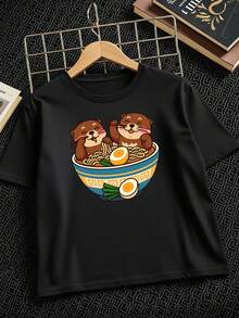 Camiseta de algodón para niño con diseño creativo de nutrias, ramen y tazón de huevo, camiseta casual de peso cómodo y manga corta, ropa infantil de verano - Negro - Ver 6