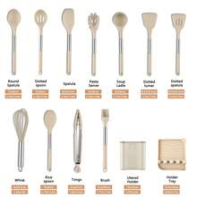 Meoky 13 Piezas Accesorios de Cocina Herramientas Utensilios de Cocina, Cubo Cuadrado, Juego de Utensilios de Cocina de Silicona con Mango de Acero Inoxidable y Silicona, 13 Piezas en 1 Juego Utensilios de Cocina con Mango de Acero Inoxidable y Silicona, Incluye Escurridor - Caqui - Ver 2