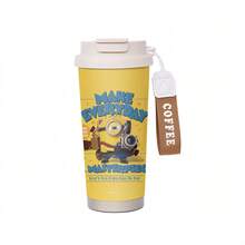 Miniso Caneca térmica Minions com alça de pulso, design com câmera e frase "Faça de cada dia uma obra-prima", feita em aço inoxidável, com tampa, para duas bebidas e muito resistente. - Multicolorido - Ver 7