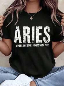 Women's T-Shirt With "Aries Where The Stars Ignite With Fire" Print, Round Neck, Basic Style For Casual Wear, Gift Idea, 220g - Urban Vintage Style, Unisex, Loose Fit, Cotton, Short Sleeve, Round Neck, 100% Pure Cotton - 黑色 - 查看 6