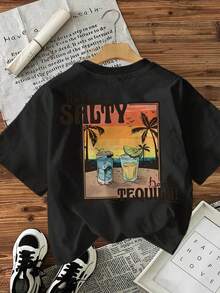 % Cotton [Double-Sided Print], Fashionable Women's Spring/Summer Top, Casual Beach Style, Vintage, Cocktail, Beach, LET'S GET SALTY Love It TEQUILA! Print, Round Neck, Short-Sleeved Women's T-Shirt, Suitable For All Seasons, Can Be Worn As A Base Layer In Spring And Autumn, Can Be Worn Alone In Summer, Unisex Style, Urban Style, Modern High-Strength Cotton Top. - 白色 - 查看 8