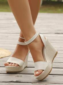 2026 Summer New Strap Wedge Increased Height Slimming Linen Woven Platform Sandals, Adjustable Buckle Strap - White - View 6