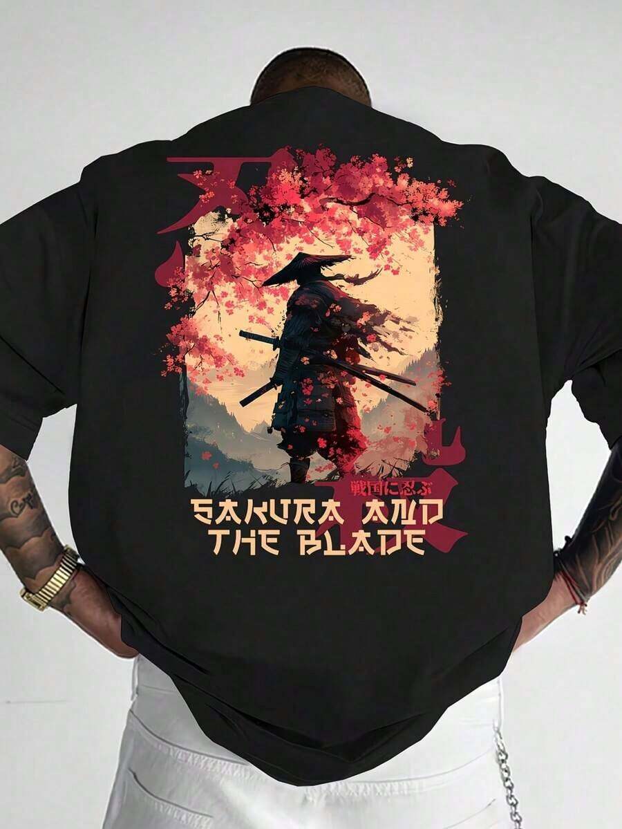Genial| Camiseta de manga corta con cuello redondo y estampado gráfico de estilo samurái japonés oscuro para verano| Adecuado para Deportes y Fitness| Cómodo y Transpirable - Negro - Ver 1