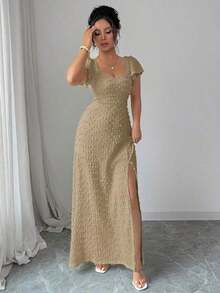 Vestido largo elegante y delgado de unicolor con espalda descubierta, lazo y mangas de loto con abertura alta, para vacaciones y citas en primavera/verano - Caqui - Ver 6