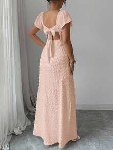 Vestido largo elegante y delgado de unicolor con espalda descubierta, lazo y mangas de loto con abertura alta, para vacaciones y citas en primavera/verano - Rosa - Ver 2