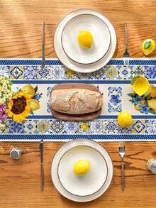 1pc, Blue And White Porcelain Lemon Flowers Summer Table Runner, Seasonal Spring Kitchen Dining Table Decoration For Home Party Decor - Blue - View 2
