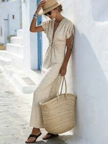 PETITE Vestido sin mangas para mujer de talla pequeña, con cordón en los hombros, escote en V profundo con cordón, silueta recta y largo vestido, adecuado para vacaciones - Albaricoque - Ver 8