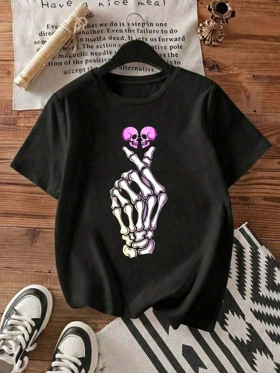 Women's Black T-Shirt With Neon Pink Skeleton Hand Graphic, Casual Short Sleeve Rock And Gothic Aesthetic Style Tee, Modern Cotton Top With Rebel Gesture Design, Youth Blouse For Concerts And Alternative Streetwear Outfits - 黑色 - 查看 1