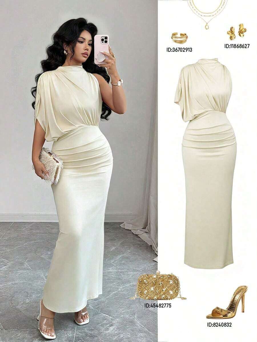 Vestido ajustado y acampanado sin mangas con cuello fruncido en color borgoña, para primavera/verano - Albaricoque - Ver 1