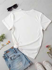 Women's White T-Shirt With Vegan Electrocardiogram And Heart Design, Minimalist Casual Garment, Ideal For Expressing Your Lifestyle With Simplicity, 2026 Season - 白色 - 查看 3