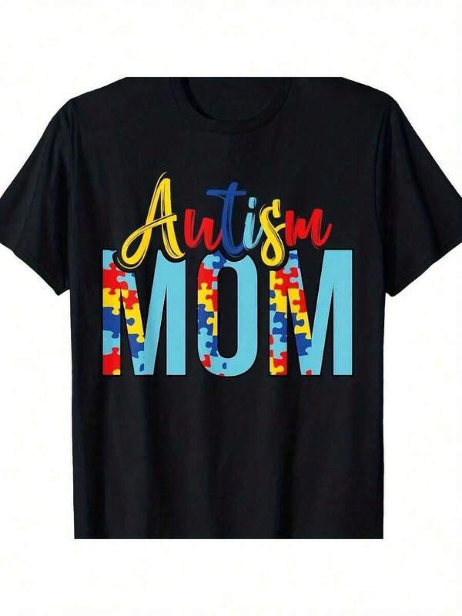 [Family Support] Puzzle Piece Graphic T-Shirt For Autistic Mom - 100% Cotton, Short Sleeve, Crew Neck, Colorful Puzzle Pattern, Machine Washable, Casual T-Shirt For Mother's Day, Casual Wear | Crew Neck T-Shirt | Cotton T-Shirt - 黑色 - 查看 1
