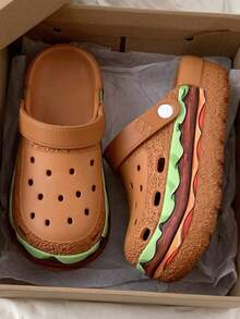 Women's Thick-Sole Sandals, Cute Cartoon Hamburger Design Breathable Slip-On Clogs, Sweet Style For Girls, Waterproof, Non-Slip, Elevated Platform, Suitable For Summer, Outdoor, Home Wear - Brown - View 9