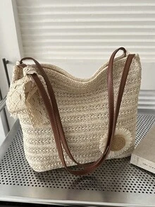 新款夏季沙滩度假编织手提包，休闲通勤单肩包，抽绳封口，多功能大容量女士手提包 - 咖啡 - 查看 9