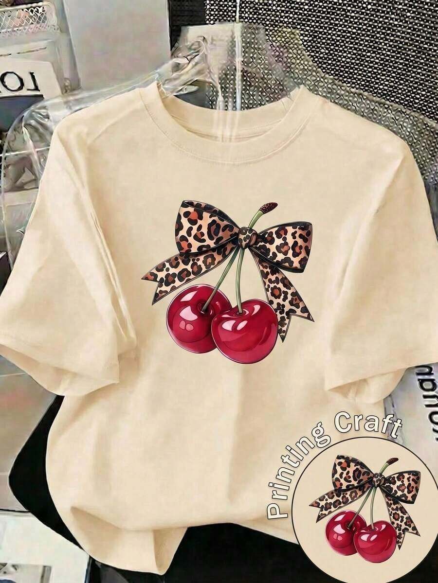 Women's Blouses, Casual Blouses For Ladies, Women's T-Shirts, Casual Blouses For Ladies. New Short-Sleeved Round-Neck T-Shirt For Women, Spring-Summer Design, Perfectly Combines A Modern And Minimalist Leopard Print With A Cherry Print, Breathable And Sweat-Absorbing. Direct Shipping From Our Local Warehouse, Couples' Style, Ideal For Wearing As A Couple. FWAJ - 杏 - 查看 1
