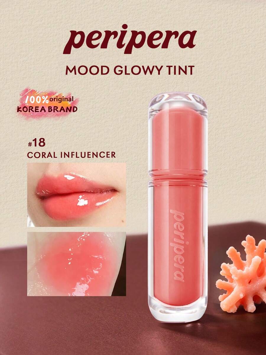 Peripera Mood Glowy Tint 玻璃感唇釉 18，高光澤鏡面水感妝效，不黏膩，果汁感噴濺，保濕輕盈，長效凝膠質地，適合女性日常使用，K-Beauty 韓系彩妝，Olive Young，禮品，4g/0.14 Oz