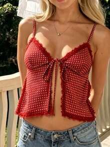 Coquette Polka Dot Tie Front Cami Top Women Lace Trim Going Out Tops - Đỏ - Xem 4