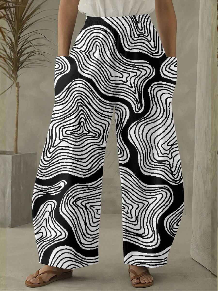 Women's Abstract Wave Print Wide Leg Pants Side-Pocket Curved Trousers Black And White Geometric Pattern Dual Pockets Pants Stylish Wide Leg Design For Casual Wear Spring Summer - 彩色 - 查看 1