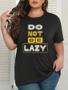 Plus Size Women's Clothing, Plus Size Printed Casual T-Shirt - With The Phrase "Don't Be Lazy" In Bold Letters, Black Short-Sleeved Top For Spring/Summer, Machine Washable, Crew Neck, Geometric Design. New For Summer: 100% Cotton Crew Neck T-Shirts. - 黑色 - 查看 4