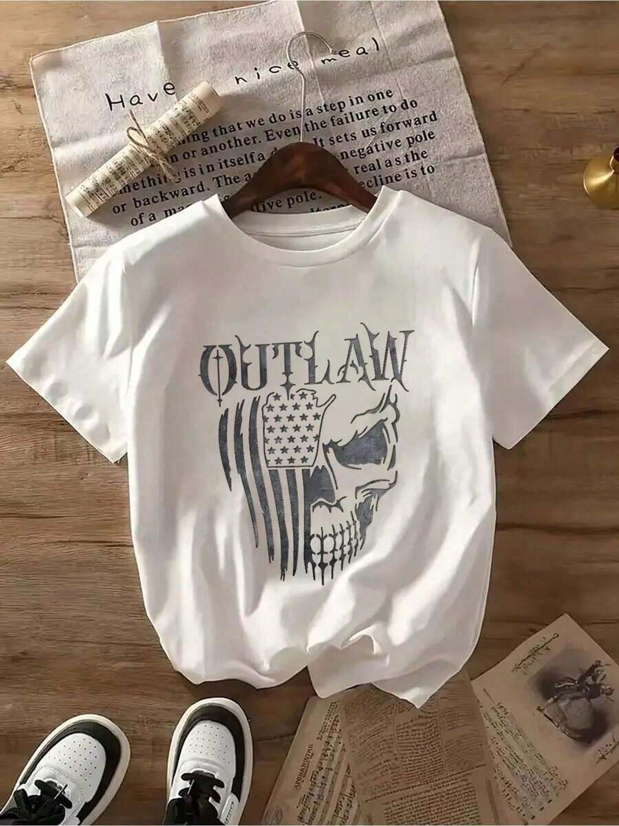 180g Pure Cotton Women's Edgy Short-Sleeve: Skull-Flag Print Is Wild & Stylish, Loose Fit Is Free To Match.A Must-Have For Cool Girls! - 白色 - 查看 1