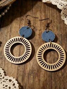 1 Pair Retro Denim Blue Earrings, Hollow Sun Pattern Wooden Hoop Earrings, Versatile Design - Multicolor - View 7