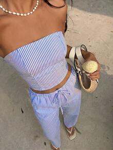 Conjunto casual de top bandeau a rayas y pantalones largos con cordón en la cintura para mujer - Azul - Ver 7