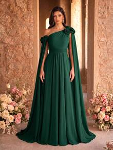 SUPGIR Asymmetrical Neck Floral Decor Extra Long Draped Waist Pleat Chiffon Dress, Bridesmaid Dress Wedding Spring - Màu xanh lá cây đậm - Xem 5