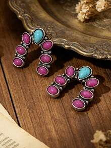 1 Pair Retro Western Style Purple & Blue Faux Turquoise U-Shaped Bohemian Earrings - Antique Silver - View 4