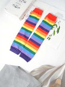 2pcs Rainbow Striped Fingerless Arm Sleeves, Y2K Style Knit Sun Protection Arm Warmers - Multicolor - View 9