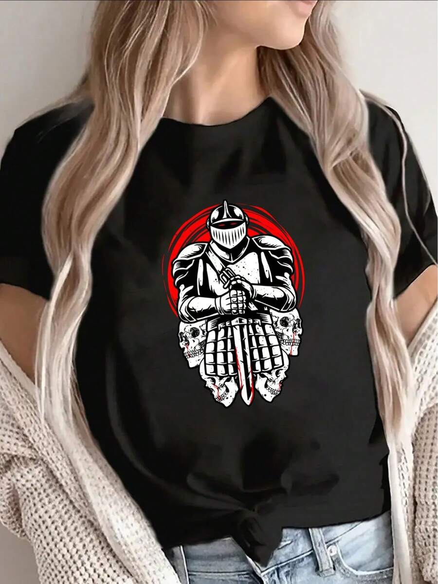Women's Short-Sleeved T-Shirt, Gentleman Print Design, Black Base, Striking Red Circular Embellishments, Casual Women's Clothing, Comfortable Fit, The First Choice For Daily Wear. - 黑色 - 查看 1